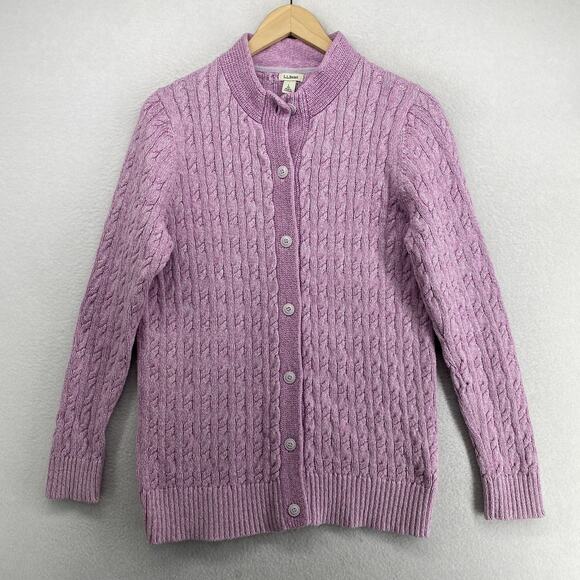 L.L. Bean Sweaters - LL BEAN Cardigan Womens L Sweater Button Up Ribbed Cable Knit Cotton Purple